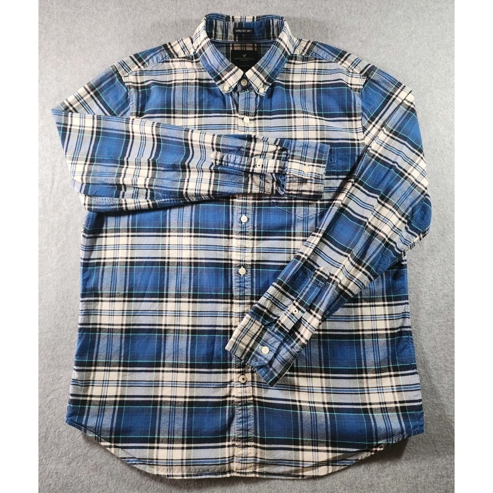 American Eagle Mens Dress Shirt, Size Large, Blue Plaid, Long Sleeve